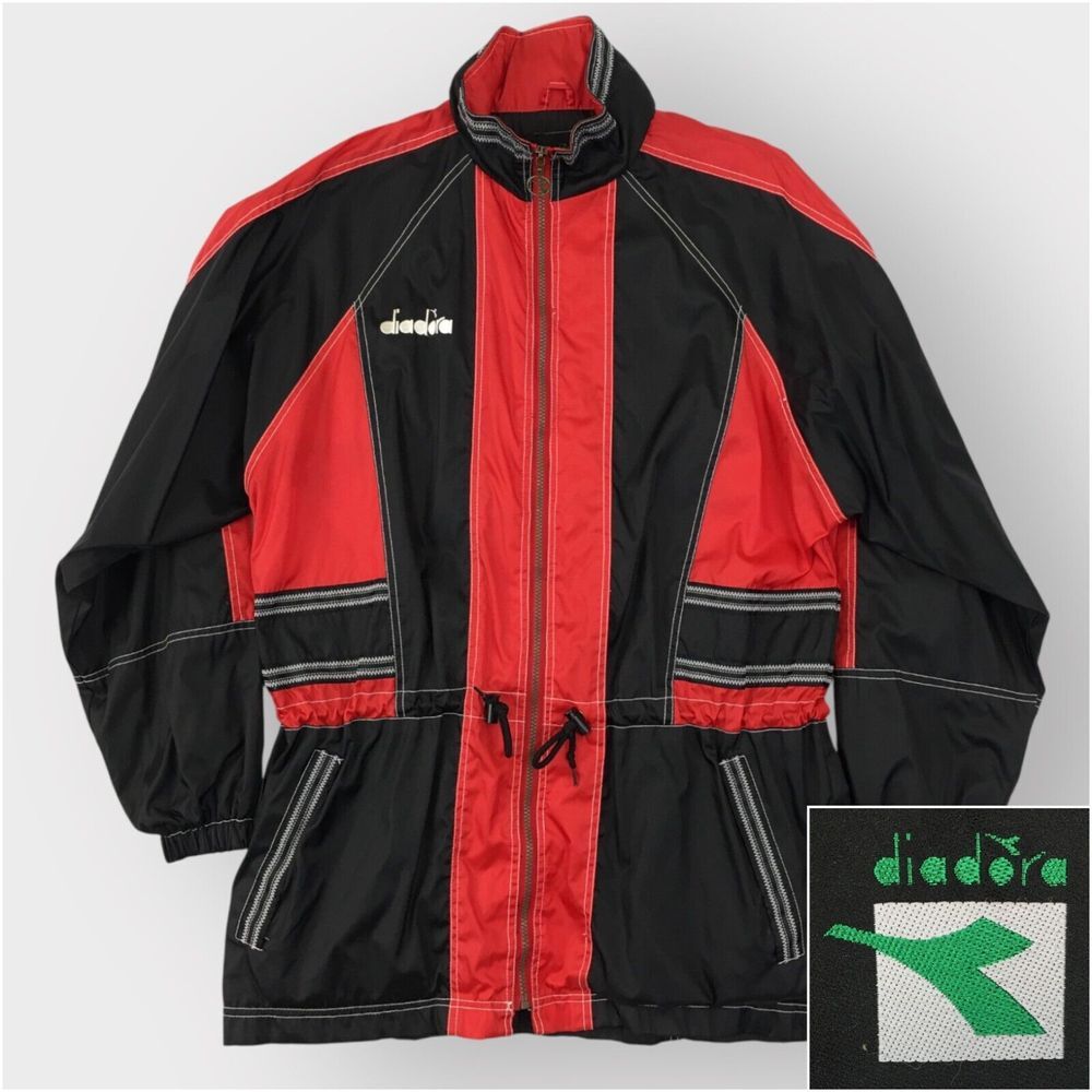 Vintage 90s Diadora Jacket Mens Large Red Black Windbreaker‎ Coat Soccer Warm-Up